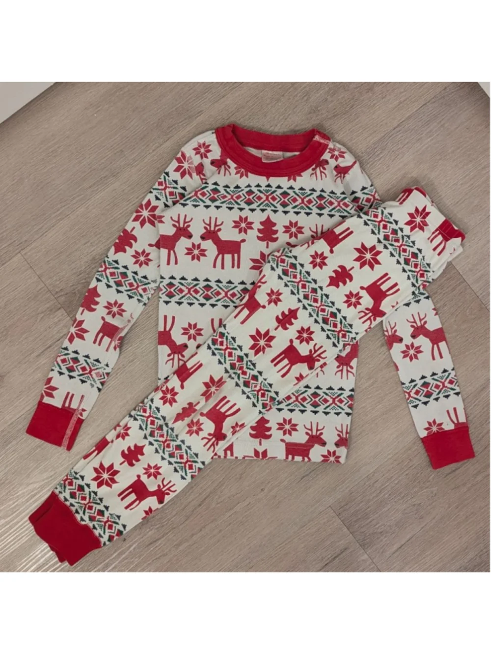 Kids Hanna Andersson Pajama Set 6-7 White Red Christmas Reindeer